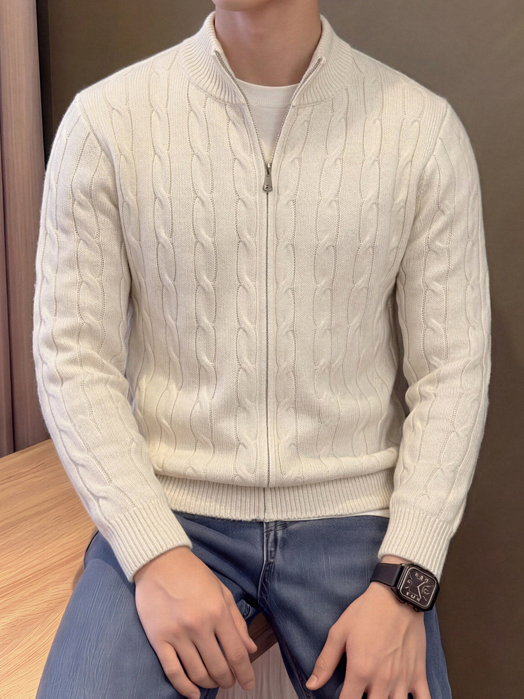 Autumn Winter Men'S Knit Cardigan, Zip-Up Sweater, Solid Color Twisted Rope Pattern, Casual Athletic Vintage Mature Business Street Style, Comfortable Soft Fabric, Regular Thickness, Men'S Top, Men'S Jacket, Men'S Sweater, Men'S Zip-Up Knit Top - Apricot