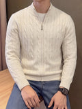 Autumn Winter Men'S Knit Cardigan, Zip-Up Sweater, Solid Color Twisted Rope Pattern, Casual Athletic Vintage Mature Business Street Style, Comfortable Soft Fabric, Regular Thickness, Men'S Top, Men'S Jacket, Men'S Sweater, Men'S Zip-Up Knit Top - Apricot