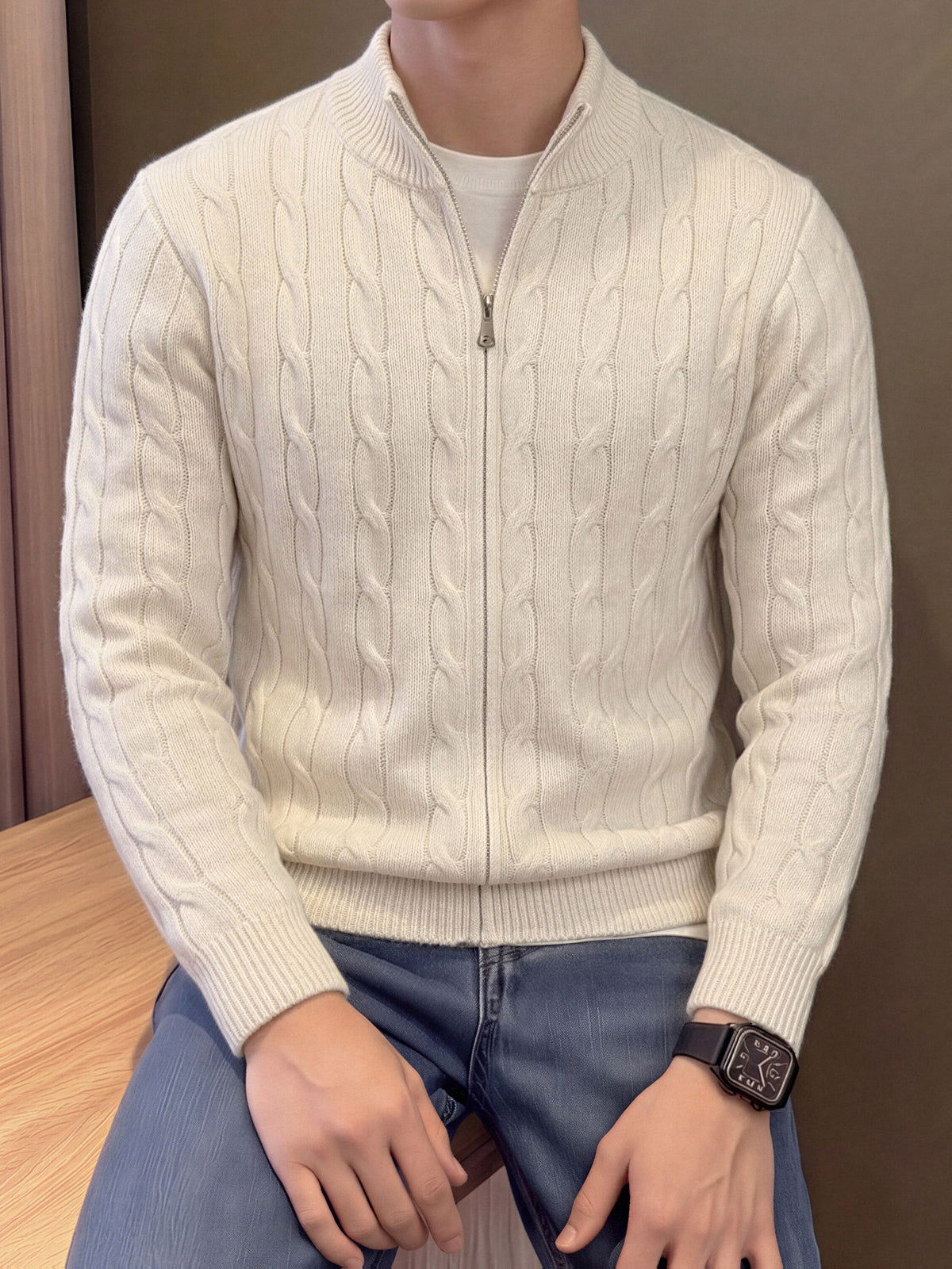 Autumn Winter Men'S Knit Cardigan, Zip-Up Sweater, Solid Color Twisted Rope Pattern, Casual Athletic Vintage Mature Business Street Style, Comfortable Soft Fabric, Regular Thickness, Men'S Top, Men'S Jacket, Men'S Sweater, Men'S Zip-Up Knit Top - Apricot
