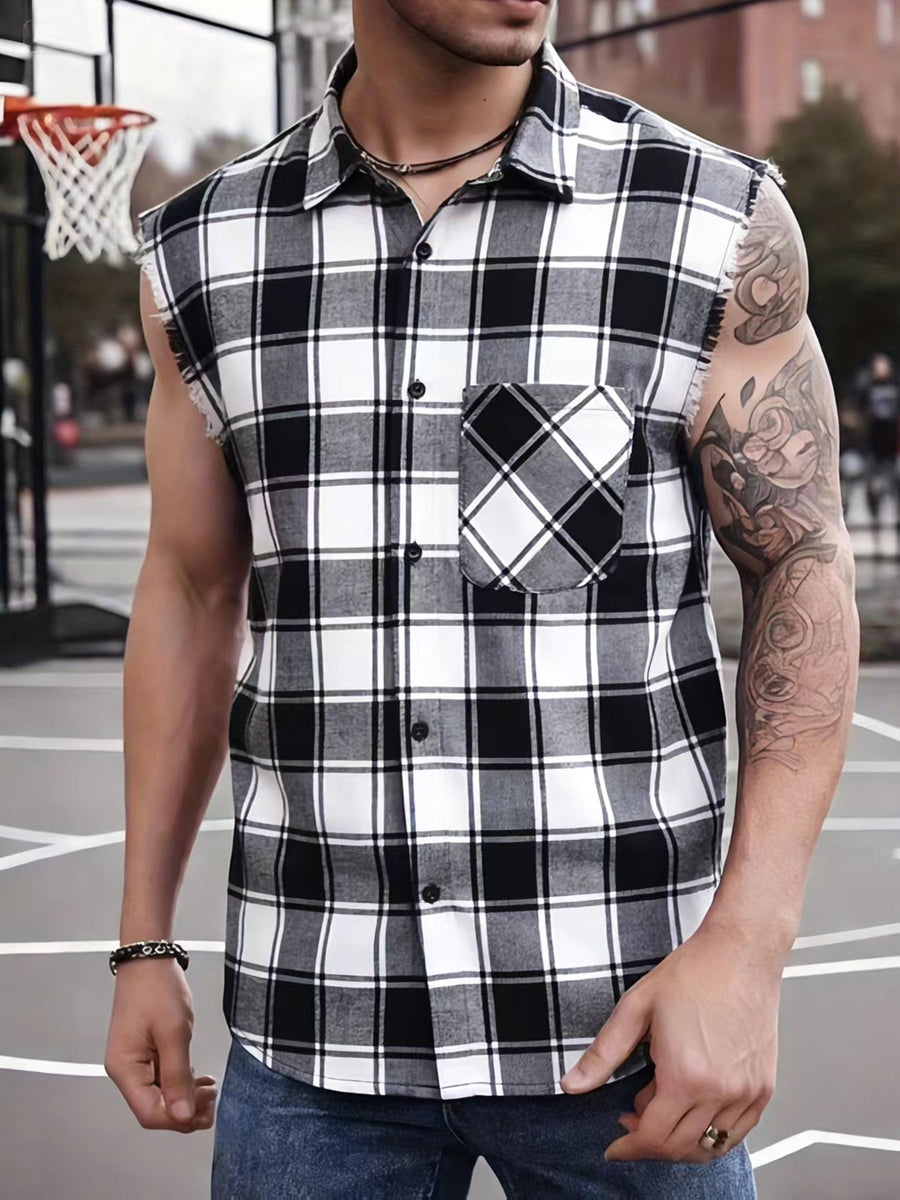 Men'S Summer Sleeveless Plaid Shirt - Raw Edge Cuffs And Lightweight Fit, Beach-To-Street Versatile Style Upgrade - Black