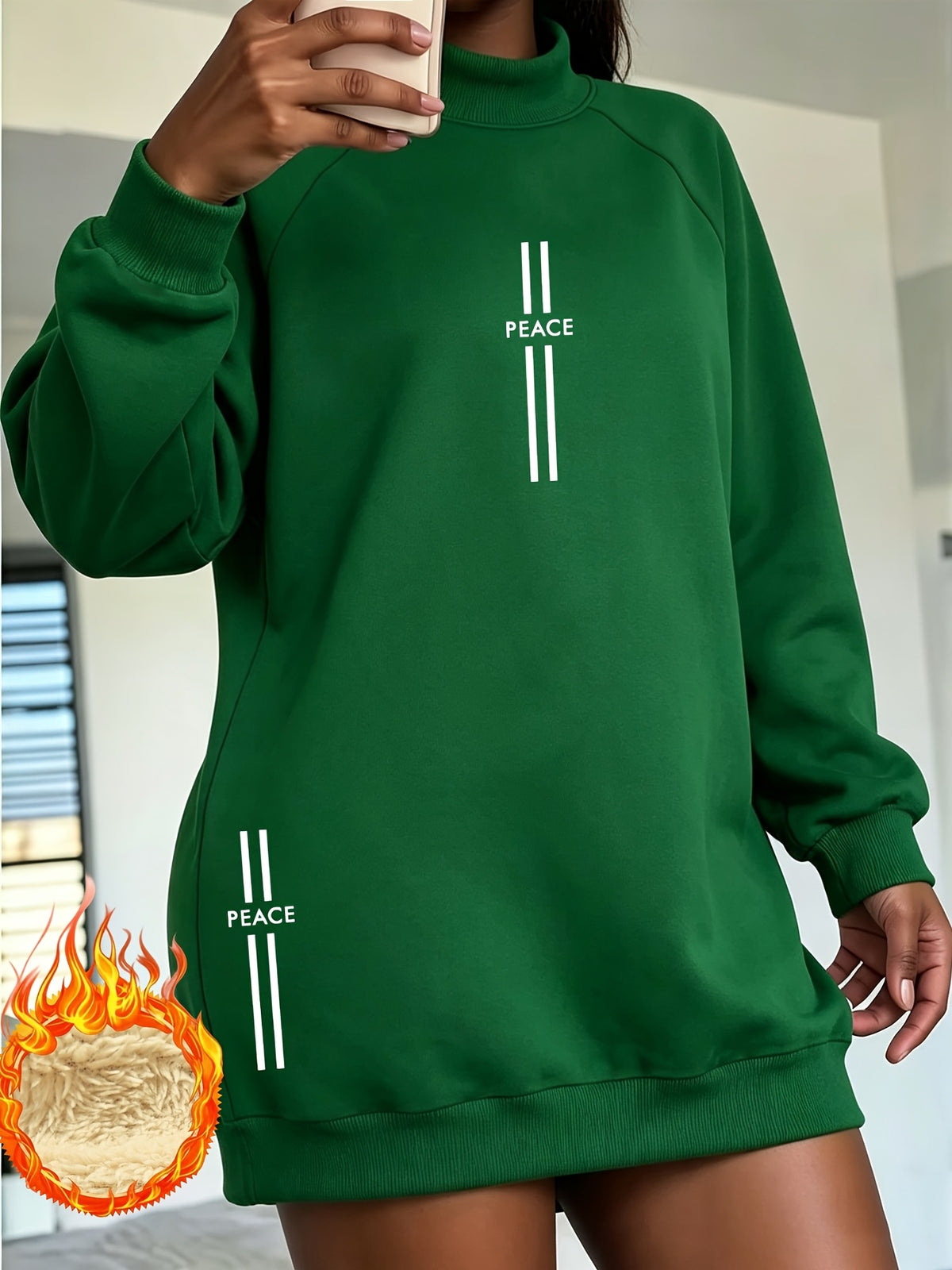 PEACE Easy Vertical Letter Print Half-High Neck Fleece-Lined Sweatshirt Women'S Autumn Winter Loose Mid-Length Thick Top - Green