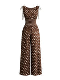 Women'S New Retro Polka Dot Print Jumpsuit, Shoulder Bow Tie Detail, Round Neck Sleeveless Back Slit Button Design, Elastic Ruched Waist, Summer Casual Beach Vacation Outfit, Elegant Commute, Date Outing Daily Wear Long Length Wide Leg Trousers - Olive Brown