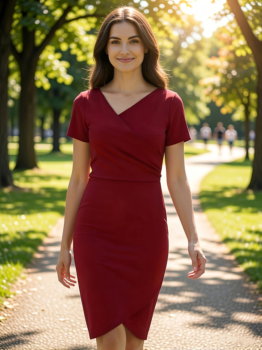 Burgundy V-Neck Wrap Dress, Waist-Cinching Pleated Irregular Hip Skirt, Office Date Banquet Temperament Dress - Burgundy