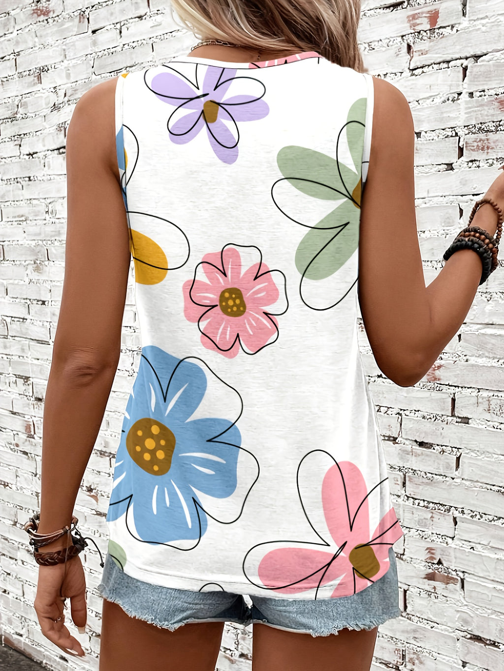 Women's Fashion Casual Round Neck Printed Tank Top - Milky