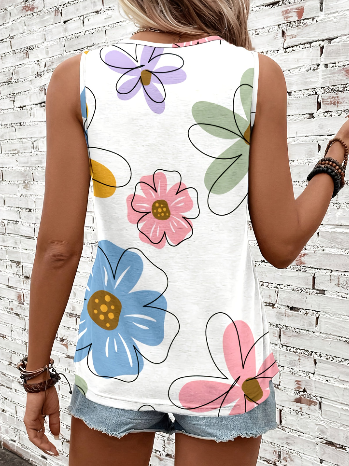 Women's Fashion Casual Round Neck Printed Tank Top - Milky