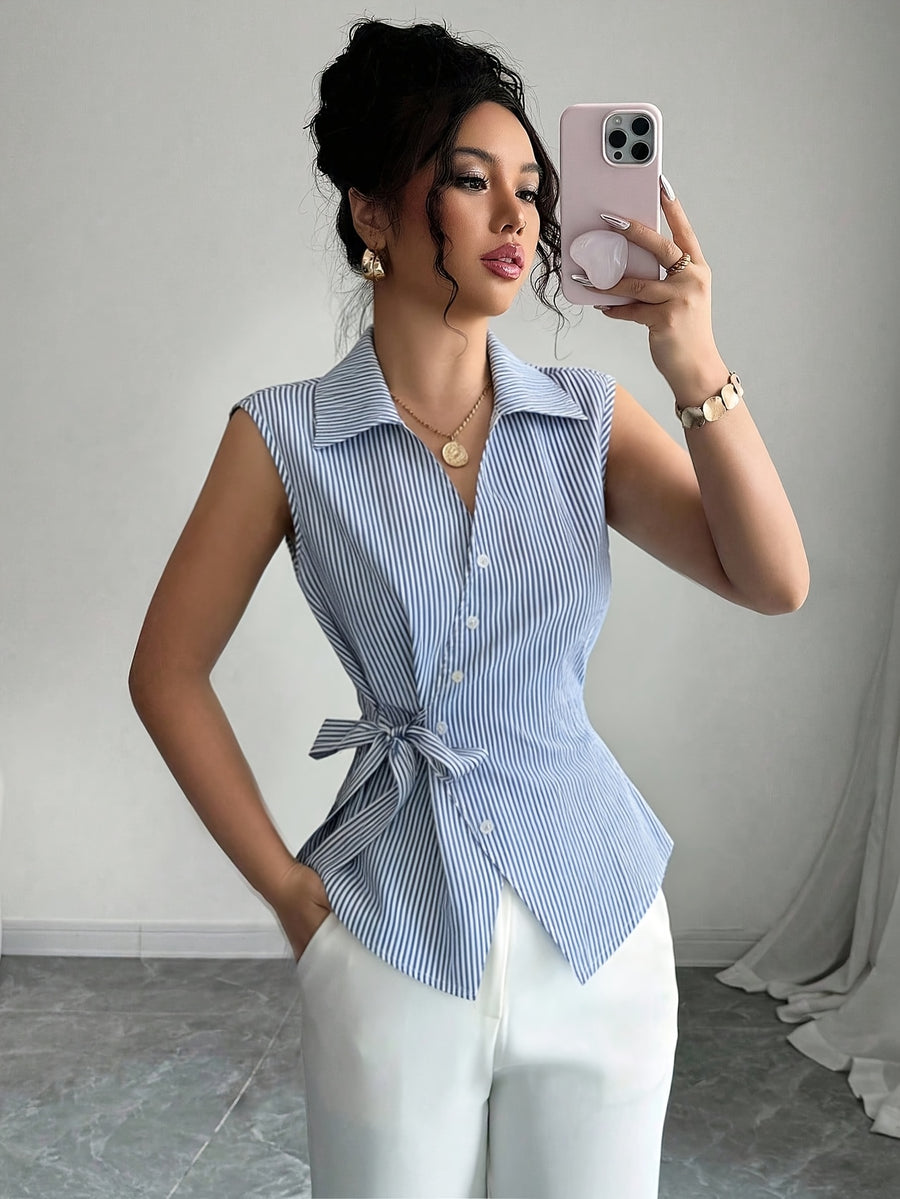 ZLLZ Women'S Casual Vacation And Work Commute Striped Print, Sleeveless Blouse - Light Blue