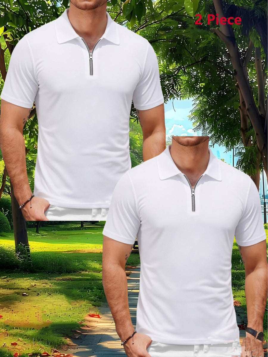 2pcs Men'S Sports Outdoor Casual Lapel Solid Color Breathable Zipper POLO Shirt - 2 Pieces Of White
