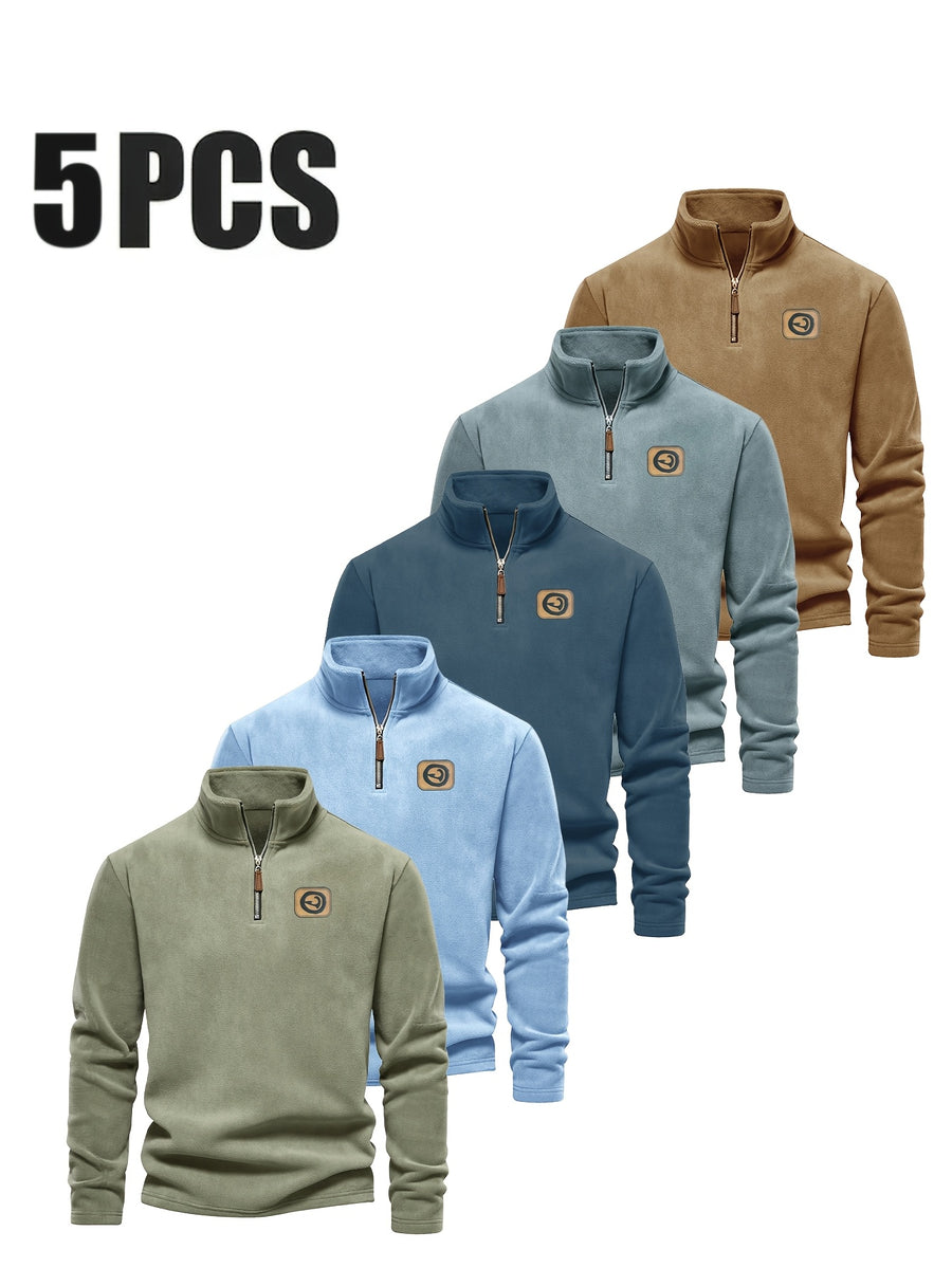 Men'S 5pcs Versatile Basic Fleece Sweatshirt, Half-Zip Stand-Up Collar Autumn And Winter Long-Sleeved Top - Mint Green+Dark Blue+Gray Blue+Sky Blue+Orange
