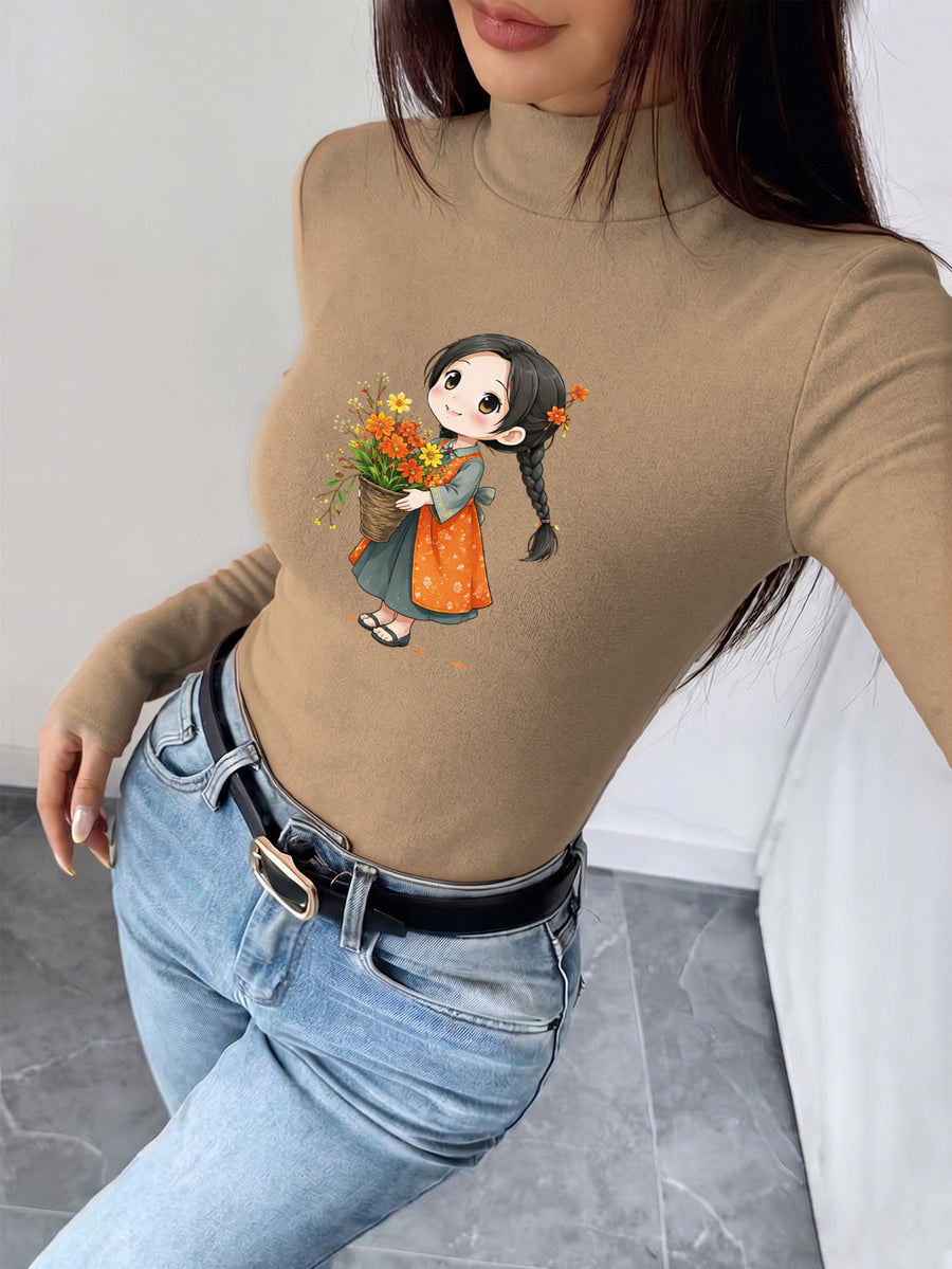 Women'S Autumn Winter New Style Semi-High Neck Fitted Top, Can Be Worn Inside Or Outside, Elastic Fabric, Soft And Skin-Friendly Warm, Easy Waist-Cinching Cut, Casual All-Match "Floral Pattern Orange Dress" - Khaki