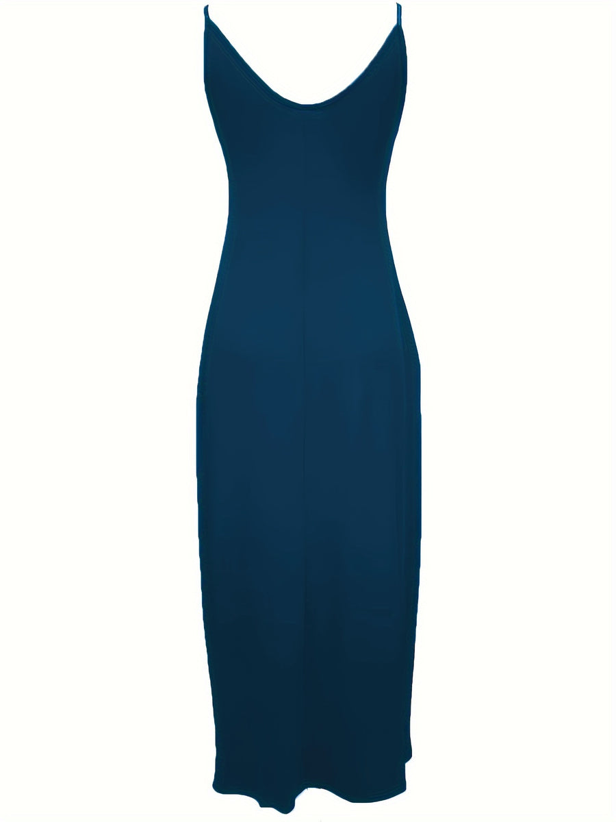 Oriented to European And American Foreign Trade Cross-Border New Women'S Long Dress, Slim And A-Line Solid Color Pattern Suspender Dress - Peacock Blue