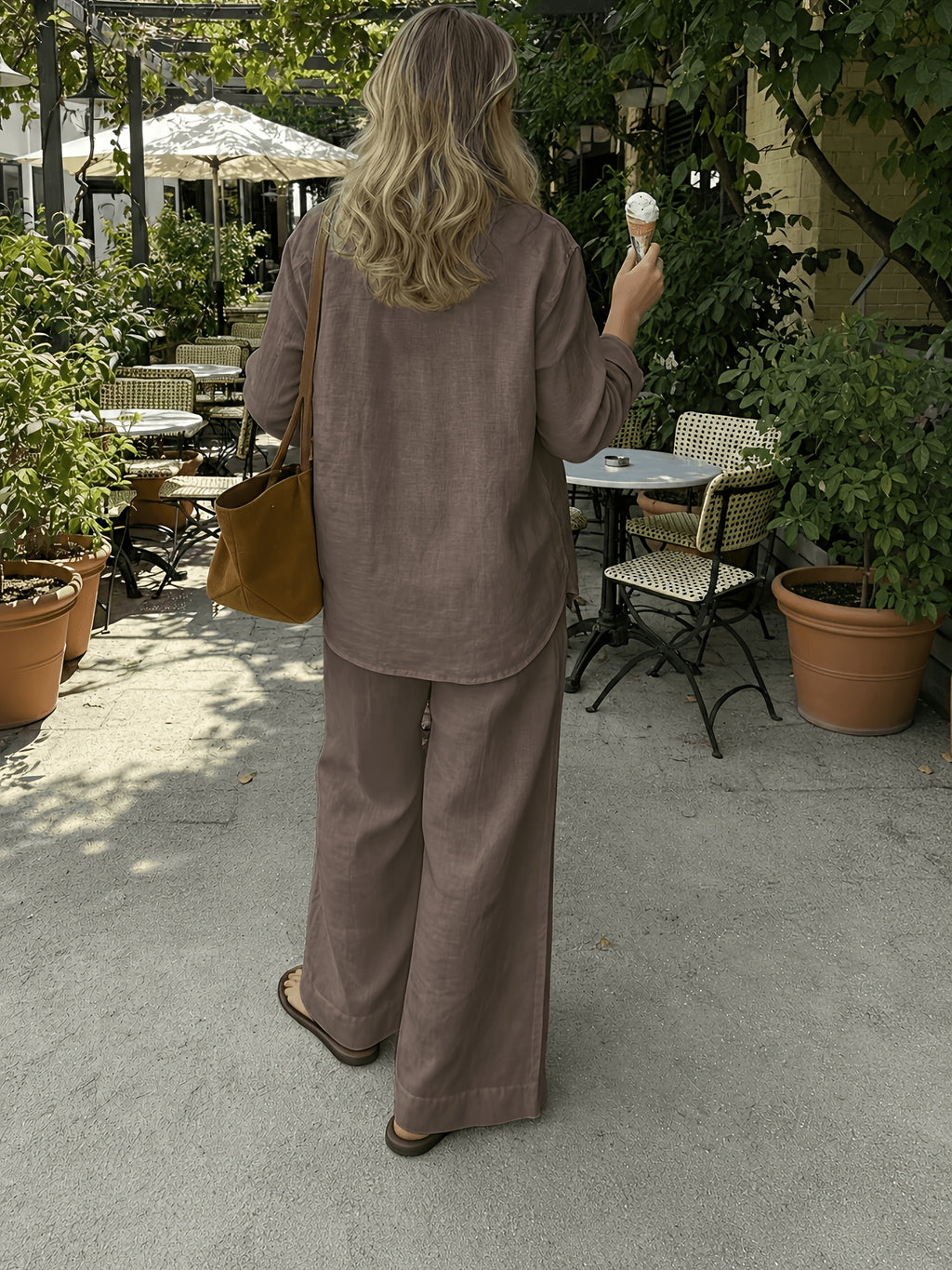 Old Money Style Women'S Pure Elegant Outfit, Suitable for Spring/Summer And Holidays | 2pcs Casual Set, Shirt And Wide-Leg Pants - Coffee Color