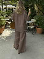 Old Money Style Women'S Pure Elegant Outfit, Suitable for Spring/Summer And Holidays | 2pcs Casual Set, Shirt And Wide-Leg Pants - Coffee Color