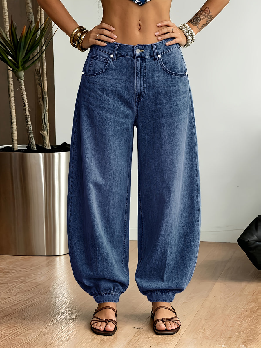 2026 New Light Blue Balloon Leg Denim Pants, Vintage Washed Oversized Barrel Jeans for Women, Elastic Hem Casual Trousers for Daily Wear - Deep Blue