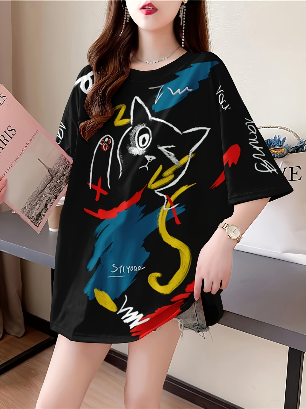 Summer New Fashion Trend Large Size Women'S Slim Loose Medium Long Cartoon Short-Sleeved T-Shirt - Black