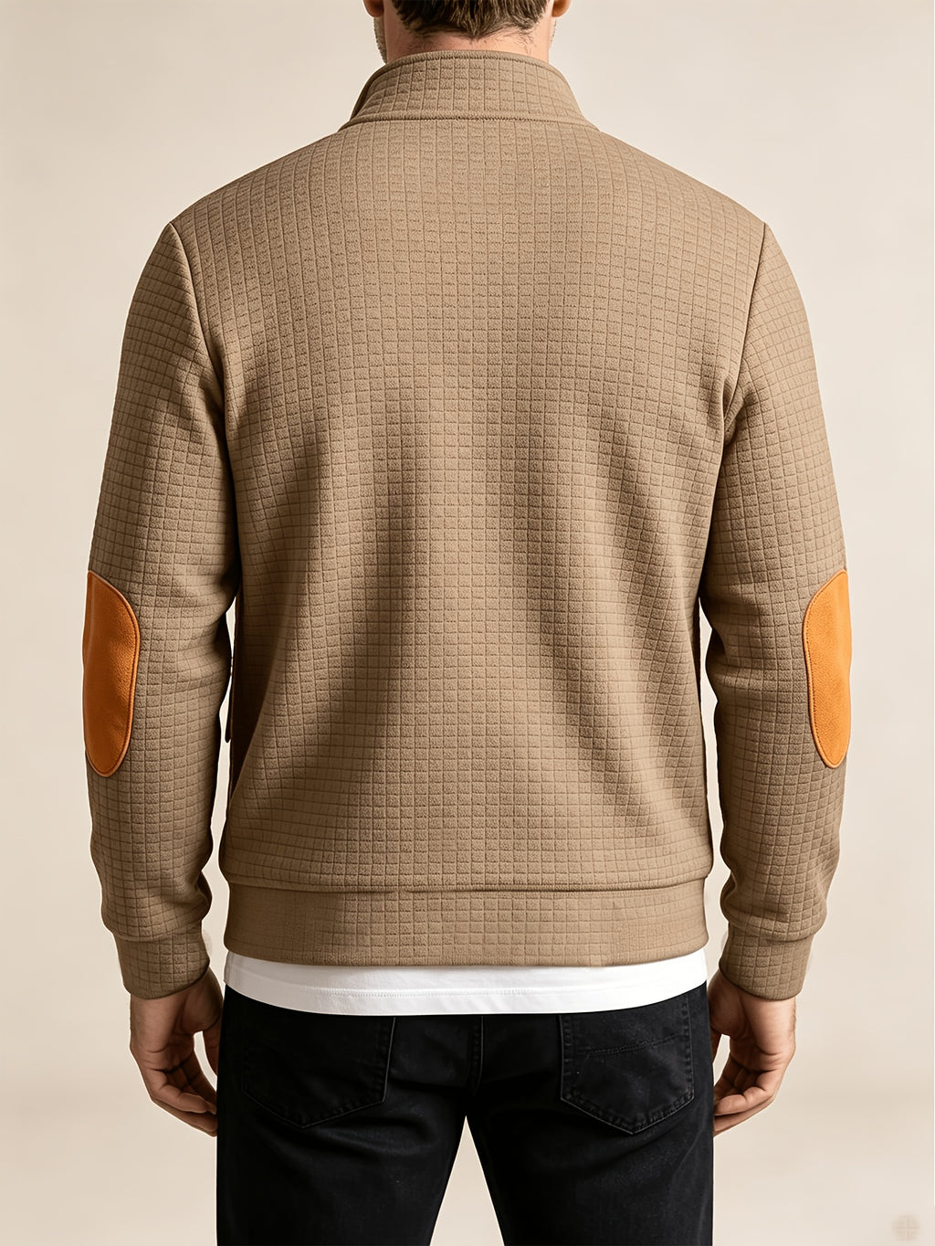 Men'S Autumn Winter Sports Stand-Collar Zipper Pocket Jacket, Spring Autumn Versatile Zipper Cardigan Top, Fashionable Plaid Jacquard Texture Fabric, Stylish Elbow Classic Color-Block Casual Coat, Suitable As Men'S Holiday Gift - Khaki