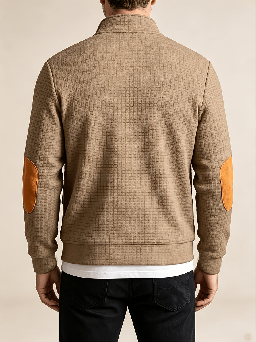 Men'S Autumn Winter Sports Stand-Collar Zipper Pocket Jacket, Spring Autumn Versatile Zipper Cardigan Top, Fashionable Plaid Jacquard Texture Fabric, Stylish Elbow Classic Color-Block Casual Coat, Suitable As Men'S Holiday Gift - Khaki