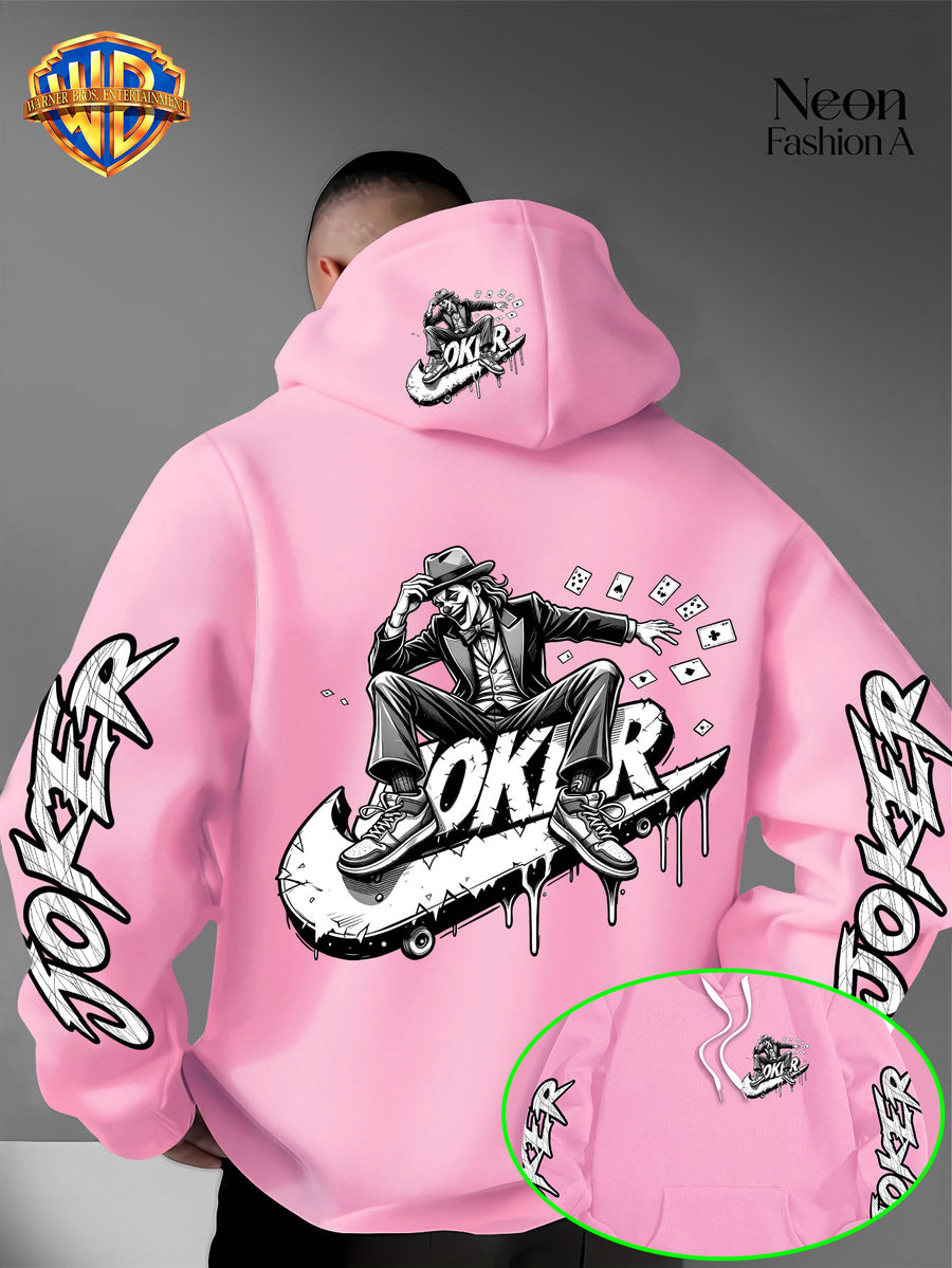 Warner Bros. Official Men'S Autumn Winter Trendy Print Hooded Fleece Sweatshirt, Long Sleeve Pullover Hoodie, Black And White Line Art Skateboard Joker Dripping Graffiti Trendy Print Pattern, Kangaroo Pouch And Drawstring Design - Pink Color