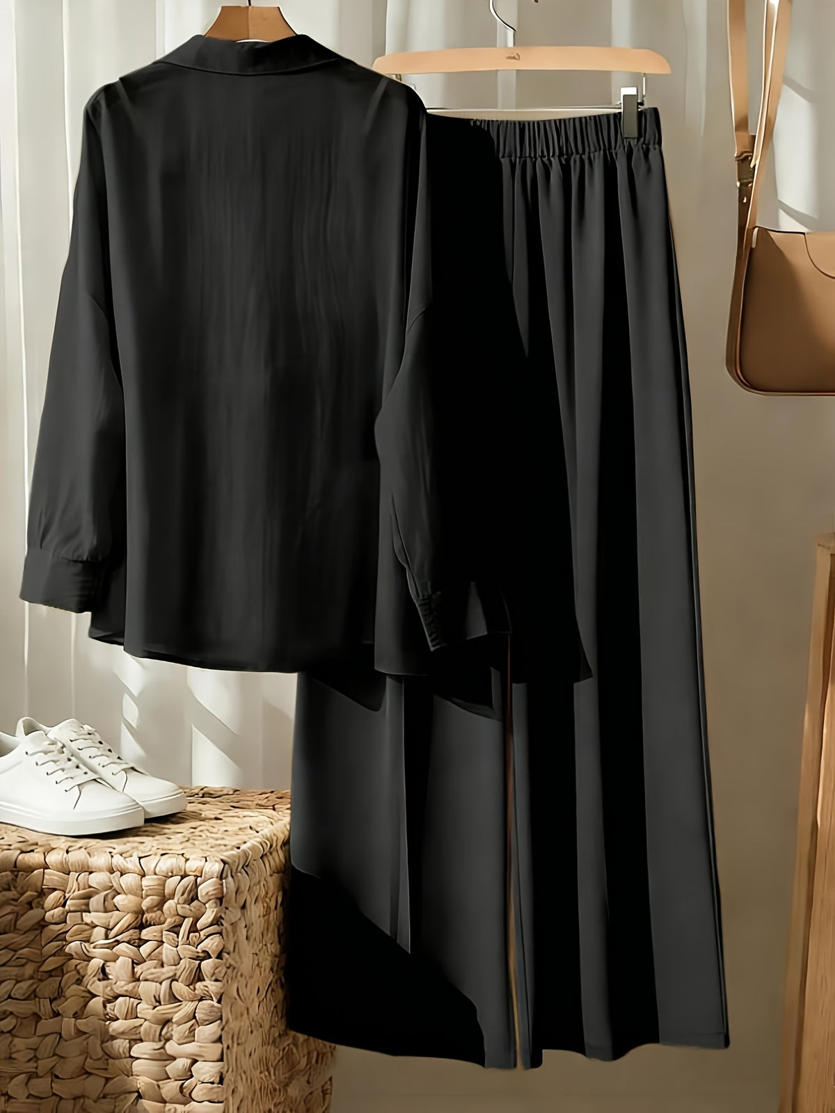 AK260514094 Women's Fashion Commuter Lapel Button- Long Sleeve Shirt and Elastic Waistband Patch Pocket Wide-Leg Long Pants 2pcs Set - Black