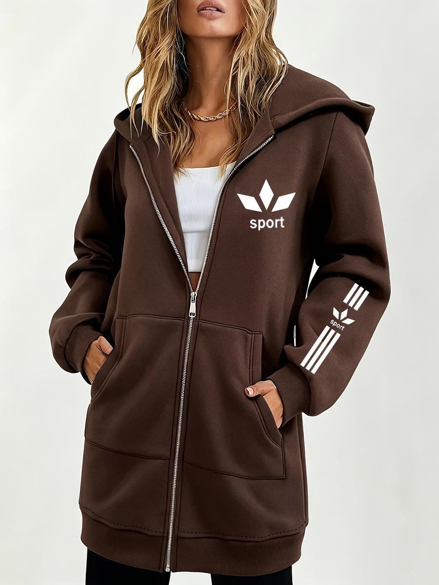 Women's Long Hooded Printed Sweatshirt Jacket, Autumn/Winter Thickened Hoodie, Versatile Loose Fit Casual Long Sleeve Zip-Up Cardigan Jacket - Dark Brown