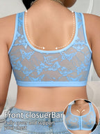 Plus Size Women's Sexy Front-Button Butterfly Mesh Breathable Comfortable Bra, New Spring/Summer Wire-Free Vest Top - Sky Blue