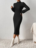 Solid Color Ribbed Bodycon Dress, Elegant High-Neck Long Sleeve Dress for Women - Black