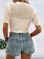 Short-style Open-work Casual Button-front Short-sleeve Cardigan - Apricot