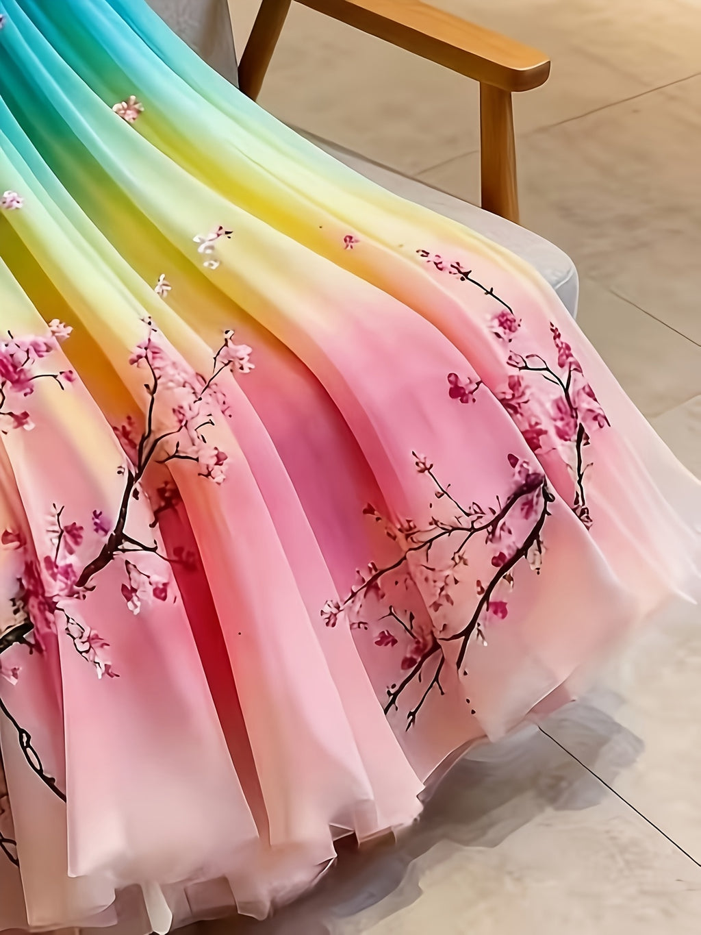 Spring/Summer Women's Elegant Gradient Color Printed Midi A-Line Skirt with Layered Chiffon Overlay, Elegant Style Skirt for Daily Wear, Vacation Outings, and Travel, Suitable for All Seasons, Ideal for Both Casual and Formal Attire - Gradient