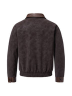 Men's Vintage Patchwork Outerwear, Notched Lapel Suedette-Look Zipper Baseball Jacket with Suedette Contrast Trim on Collar, Pockets, and Cuffs, Autumn/Winter Daily Warm Short Coat - Coffee Color