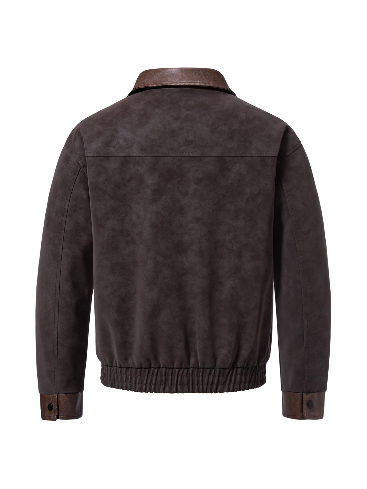 Men's Vintage Patchwork Outerwear, Notched Lapel Suedette-Look Zipper Baseball Jacket with Suedette Contrast Trim on Collar, Pockets, and Cuffs, Autumn/Winter Daily Warm Short Coat - Coffee Color