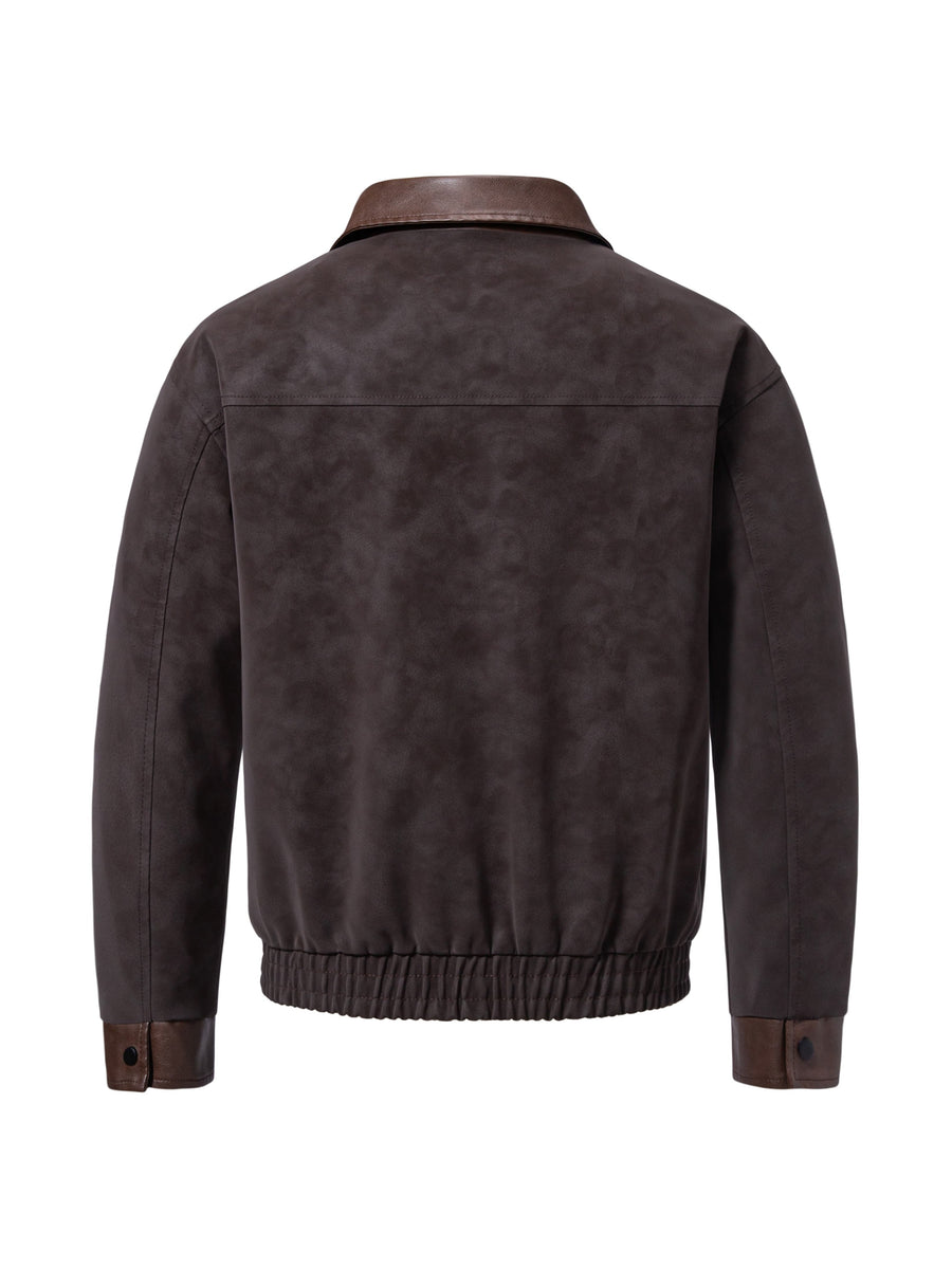 Men's Vintage Patchwork Outerwear, Notched Lapel Suedette-Look Zipper Baseball Jacket with Suedette Contrast Trim on Collar, Pockets, and Cuffs, Autumn/Winter Daily Warm Short Coat - Coffee Color
