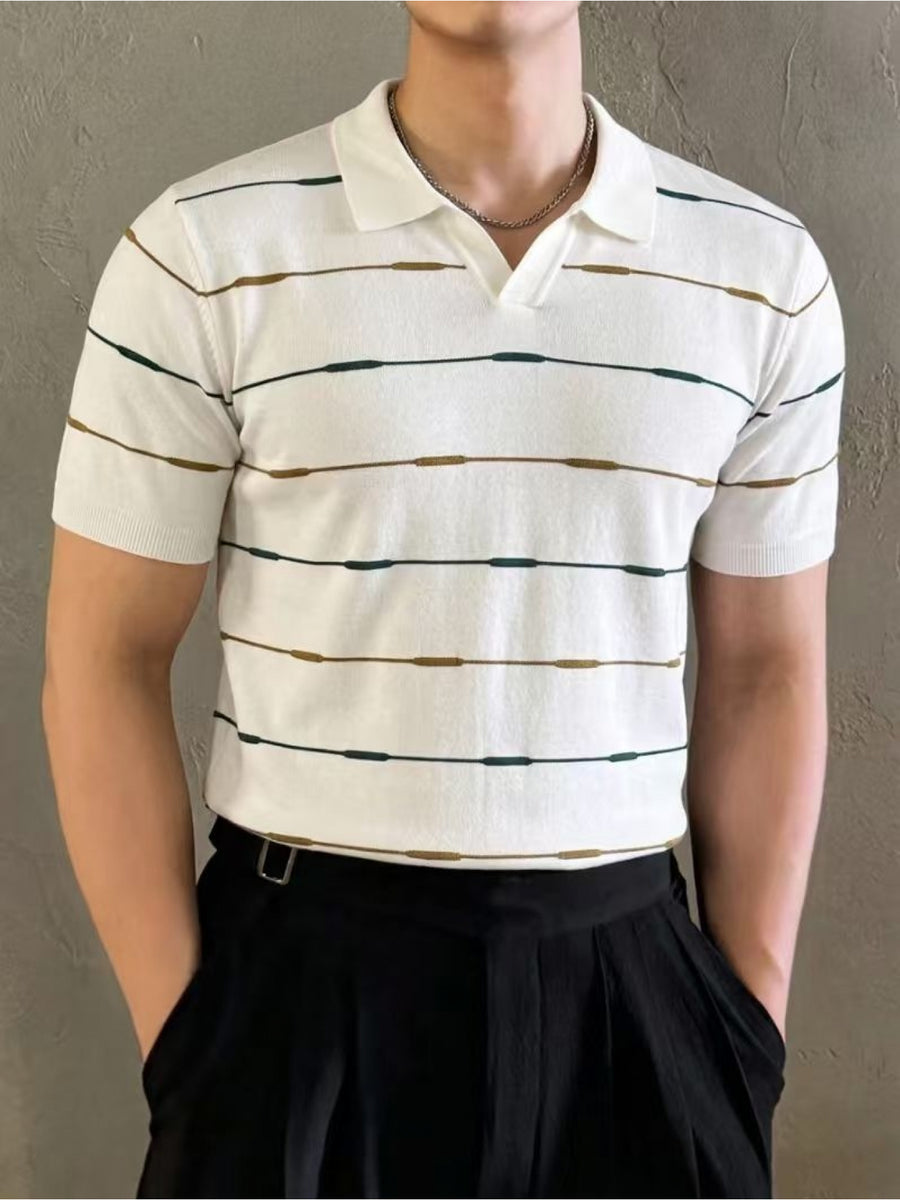 Men'S Contrast Narrow Stripe V-Neck Polo Knit Short Sleeve Summer Ice Fiber Fabric Slim Fit Breathable Top, Lightly Mature Commuter Textured Lapel Base Layer, Easy Versatile Casual Men'S Knit Polo Shirt - White