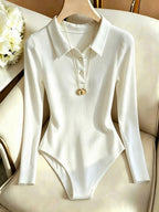 Minimalist Casual Style Metal Buckle Polo Collar Women's Stretchy Slim-Fit Long Sleeve Bodysuit - White