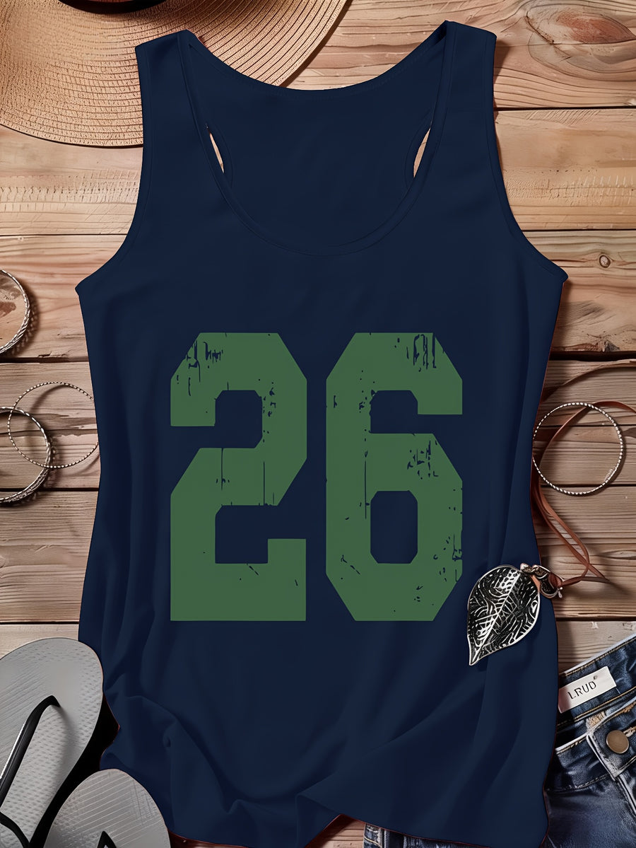 A Series of Arabic Numerals, a Comfortable And Casual Tank Top with a Full Print of The Letter '26', Suitable for Travel, Leisure, And Outdoor Street Scenes - Deep Blue