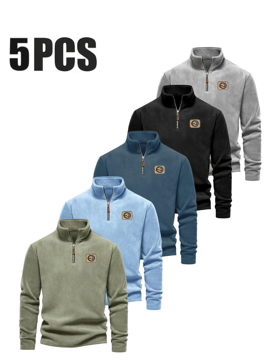 Men's Five-pc Versatile Sweatshirt, Half-Zip Stand Collar Daily Casual Top - Mint Green + Navy Blue + Sky Blue + Black + Gray