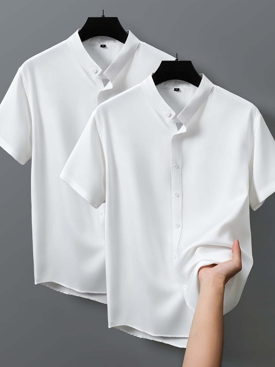 2pcs Men's Short-Sleeve Shirts, Henley/Stand-Up Collar Design, Summer Casual Outerwear - White