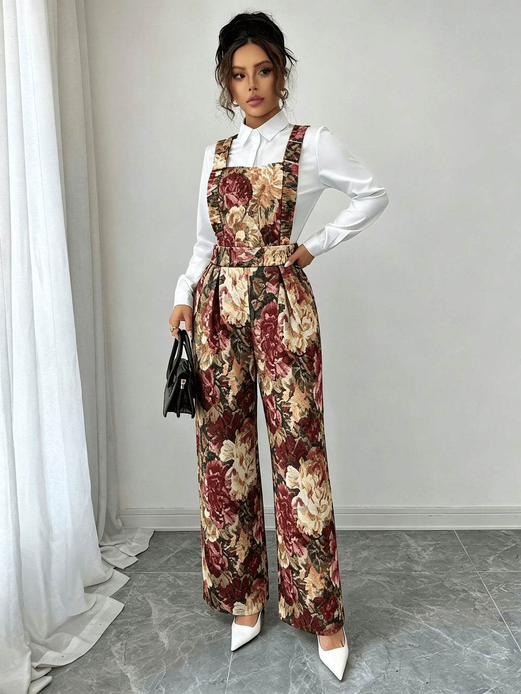 Women'S Casual Fashion Commuter Elegant Jacquard Oil Painting Floral Color Loose Long Pants Overalls Autumn Winter - Multicolor