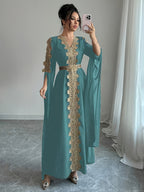 DJ0518185 Integrated Exquisite Golden Embroidery Mesh Outer Wrap Dress, Luxurious Elegant Temperament, "Golden Embroidery" Highlights Golden Embroidery Element - Green