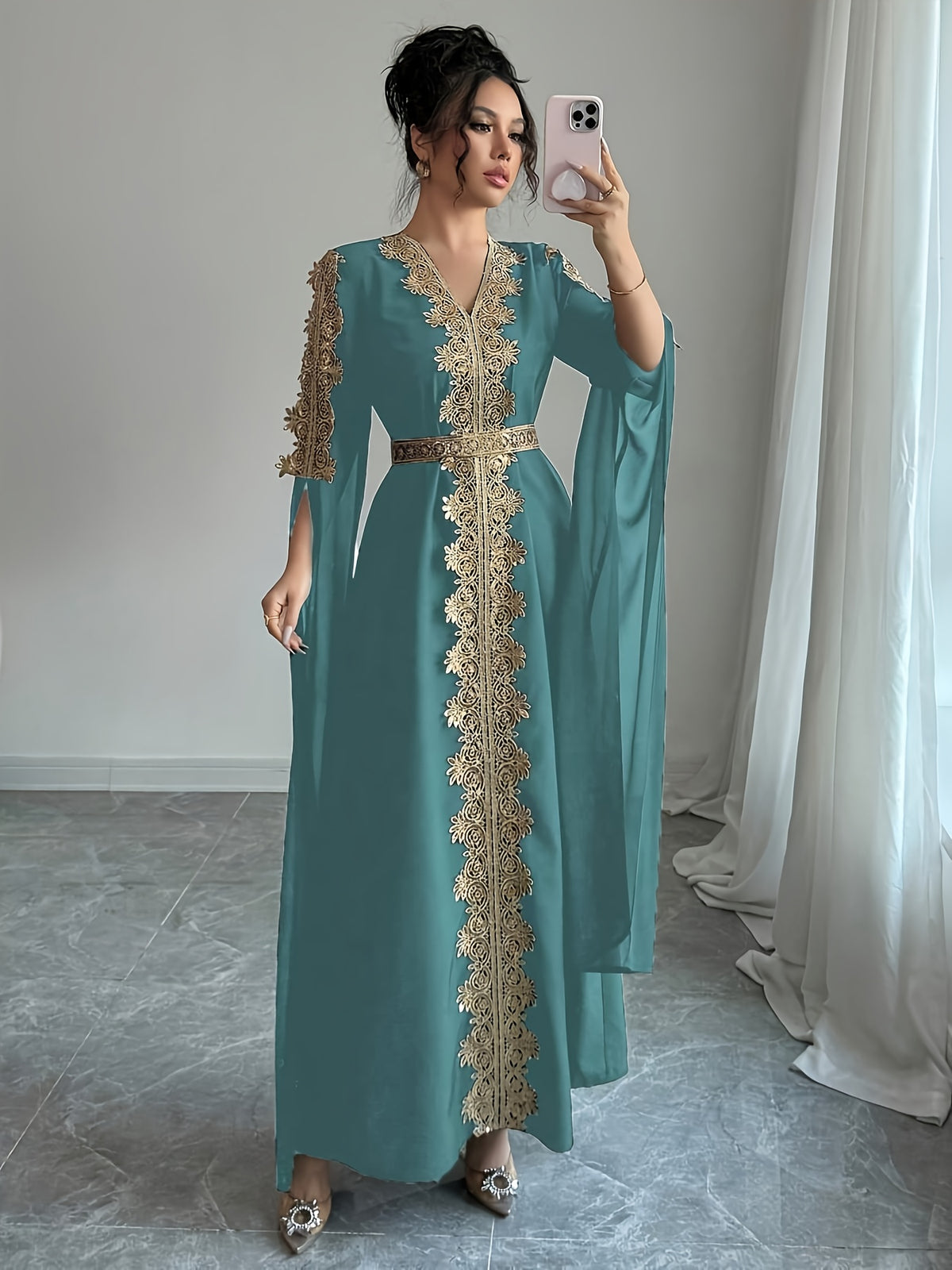 DJ0518185 Integrated Exquisite Golden Embroidery Mesh Outer Wrap Dress, Luxurious Elegant Temperament, "Golden Embroidery" Highlights Golden Embroidery Element - Green