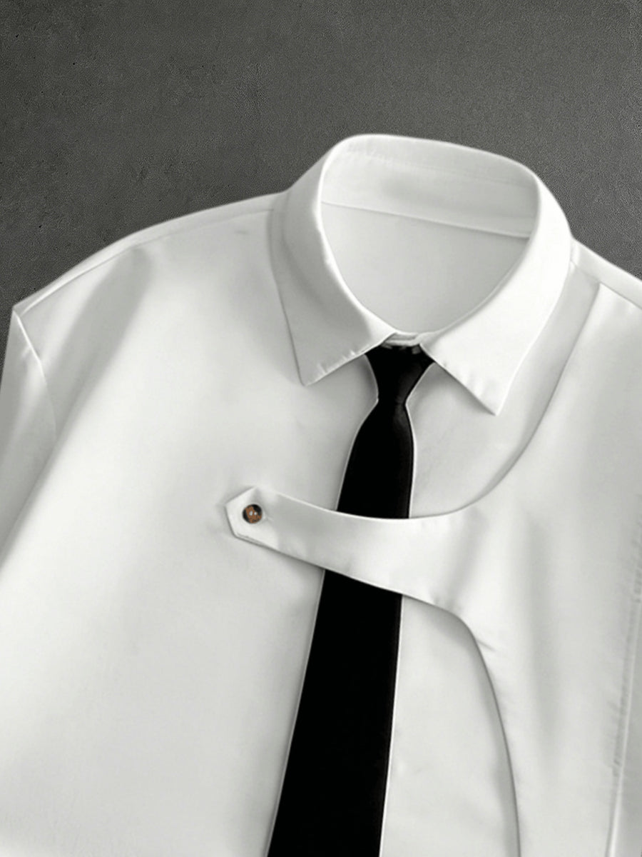 White Short Sleeve Shirt for Men, Back to School Preppy Style Design Short Sleeve Uniform Shirt with Detachable Tie, Niche Structural Minimalist Casual Shirt Suitable for Daily Outings, Outdoor Commute, Gift for Boyfriend - White