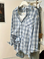 Vintage Blue Checkered, High-Quality Loose And Stylish Casual Design Women'S Long-Sleeve Shirt for Autumn - Bright Steel Blue