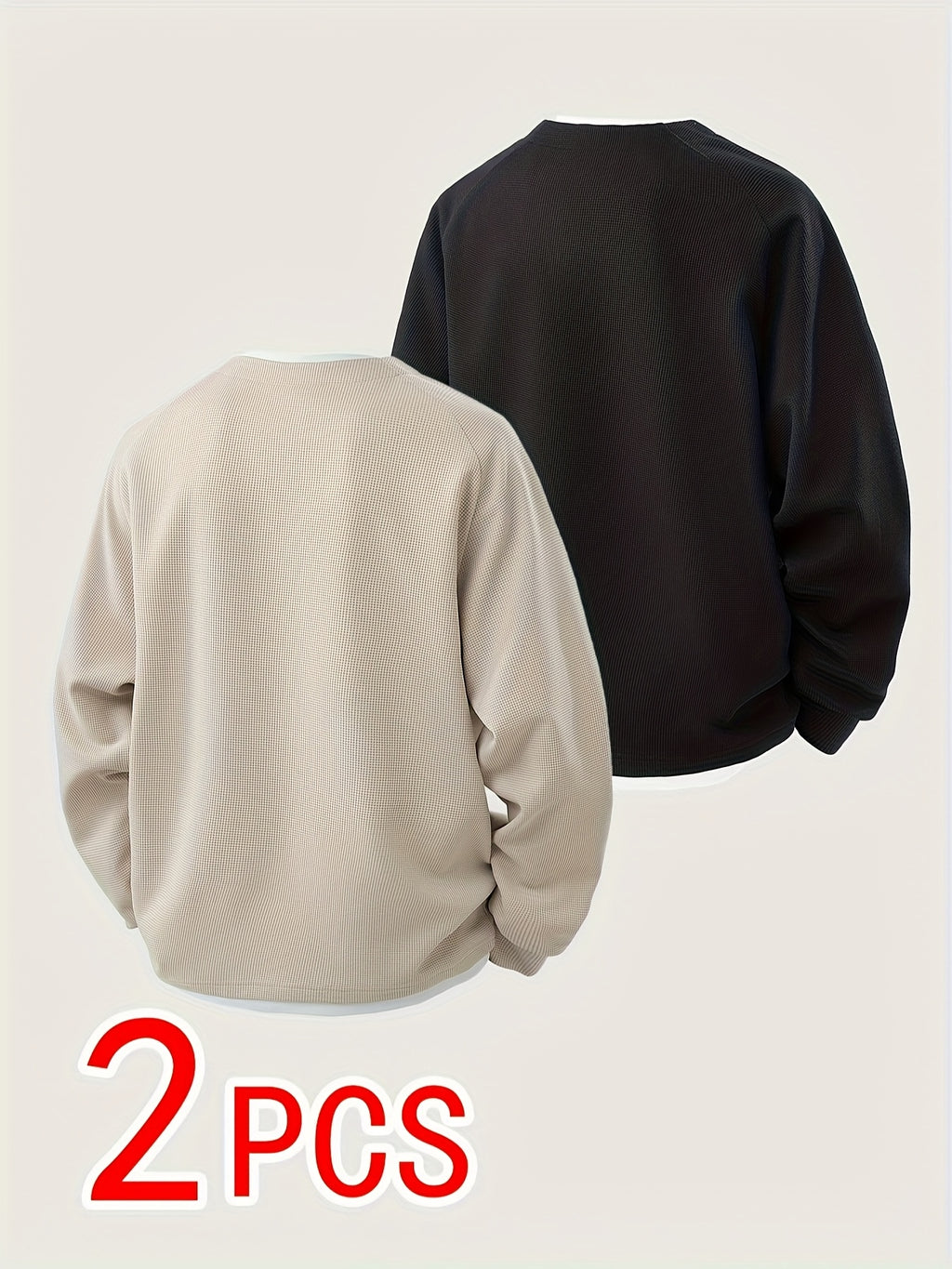 2pcs Men's Waffle Knit Sweatshirt, Stylish 2-in-1 Look Design, Men's Long Sleeve Base Layer, Men's Pullover Top, Men's Gift - Khaki+Black