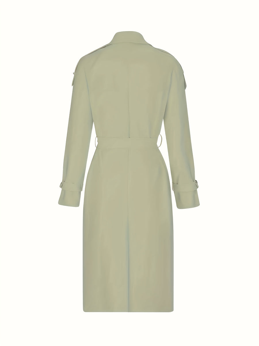 Women'S Autumn Winter Casual Temperament Solid Color Trench Coat Mid-Length Outerwear - Olive