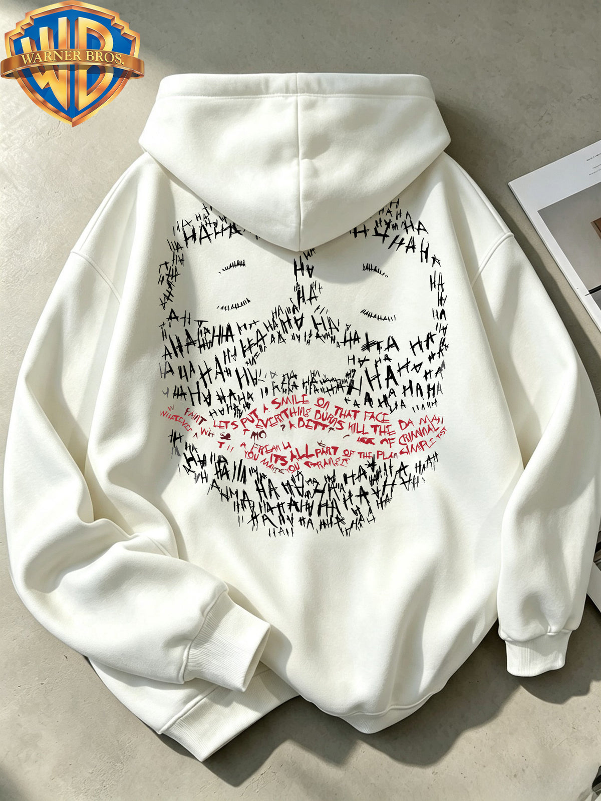 Joker HAHA Text Surround Graffiti Print Trendy Cool Casual All-Match Sports Drawstring Pocket Hooded Men'S Sweatshirt, Men'S Autumn Winter Cute Casual Style - White