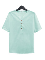 Men'S Lightweight White Short Sleeve V-Neck Button-Up Shirt - Retro Classic Fitted Style Summer Casual Top, Solid Color Breathable Fabric for Warm Weather - Light Blue