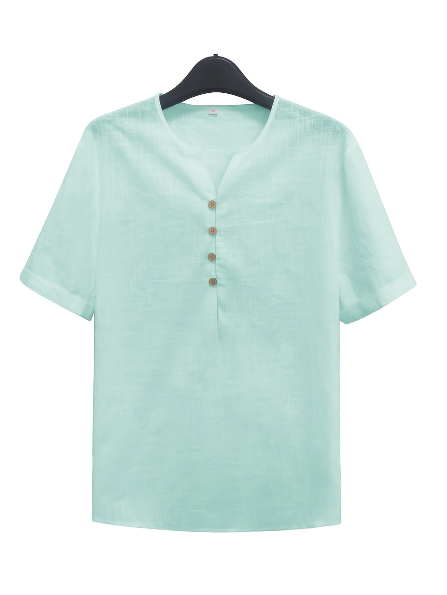 Men'S Lightweight White Short Sleeve V-Neck Button-Up Shirt - Retro Classic Fitted Style Summer Casual Top, Solid Color Breathable Fabric for Warm Weather - Light Blue
