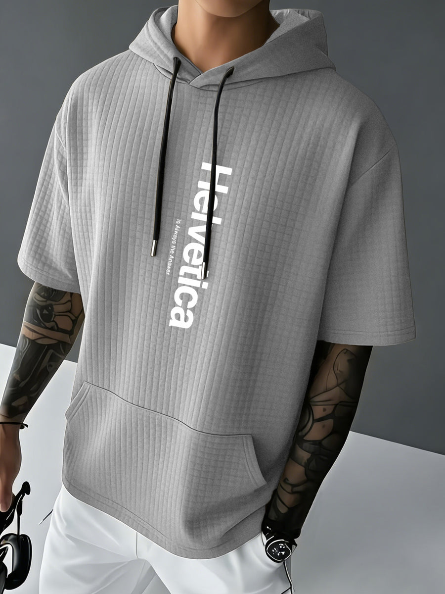 Helvetica Men's Waffle Knit Short-Sleeve Hoodie with Comfortable Printed Drawstring, Sweatshirt T-Shirt with Pocket, Summer Casual Fashion Men's Apparel, Suitable for Outings and Home Wear, for Daily and Formal Wear, Simple Summer Fashion for Sports - Grey