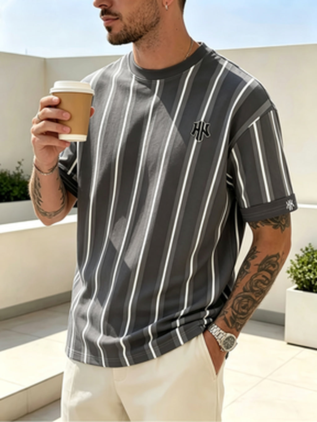 Men's Striped Short-Sleeve T-Shirt, Summer/Autumn Style, Contrast Color Ribbed Collar, Loose Fit Top for Daily Commuting and Casual Wear, Skin-Friendly, Breathable, Soft and Comfortable, Lightweight and Wash-Resistant [Digital Printing - Mixed colors