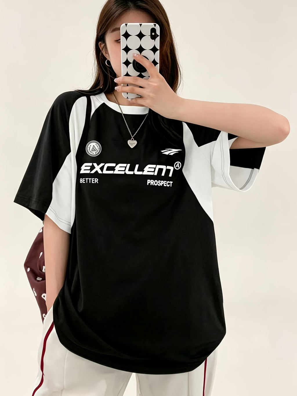 New Fashion Patchwork Print Round Neck Short Sleeve Women'S T-Shirt Loose Contrast Women'S Top - Black
