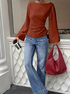 Women'S Solid Back Tie Flared Sleeve Blouse - Brown