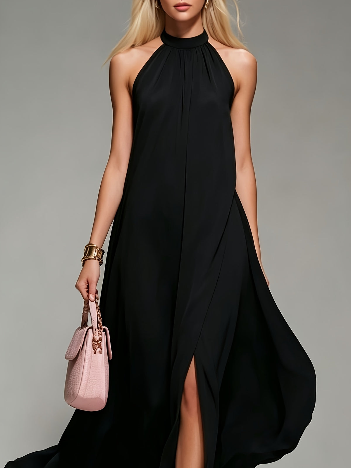 New Spring/Summer 2026 Small Round Neck Fashionable Split Versatile Women's Dress - Black